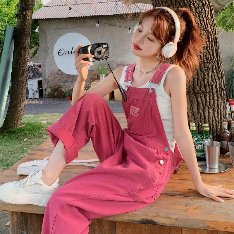 Rose Pink Denim Overalls Women's New Arrival Salt Sweet-Fried Street Age-Reducing Casual Pants Loose Straight Pants