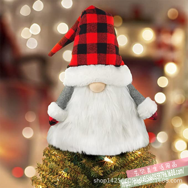 圣诞树顶礼帽装饰圣诞无脸娃娃树帽圣诞侏儒礼帽圣诞老人格子树帽