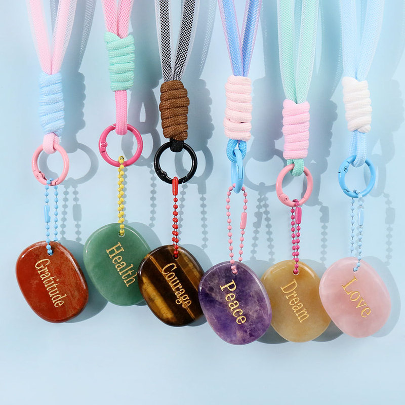 Natural Pink Crystal Agate Semi-Precious Stone Meditation Power Encouragement Stone with Engraved Design, Cup Pendant, Bag Charm, Keychain Accessory