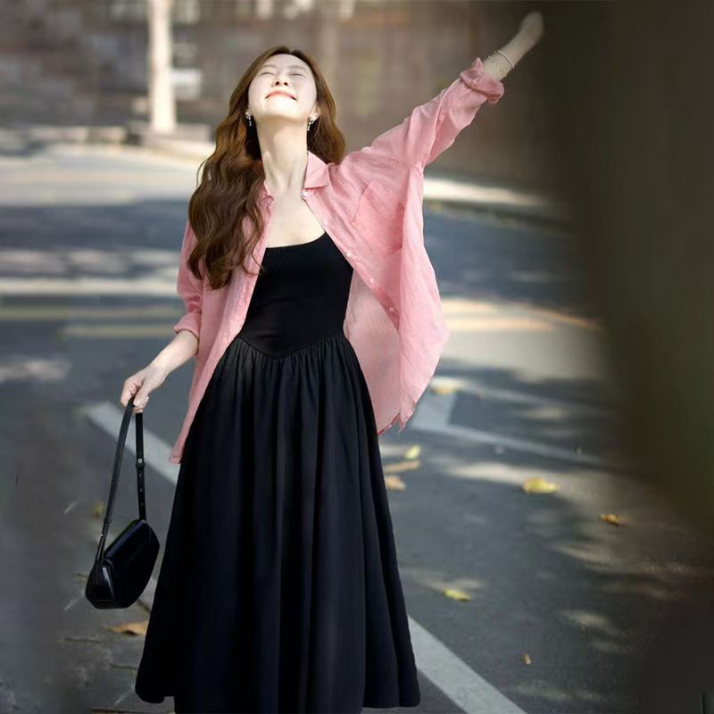 Summer Women's Suspender Dress 2025 New Style with French Style Seaside Shirt Vacation Style Waist Long Skirt