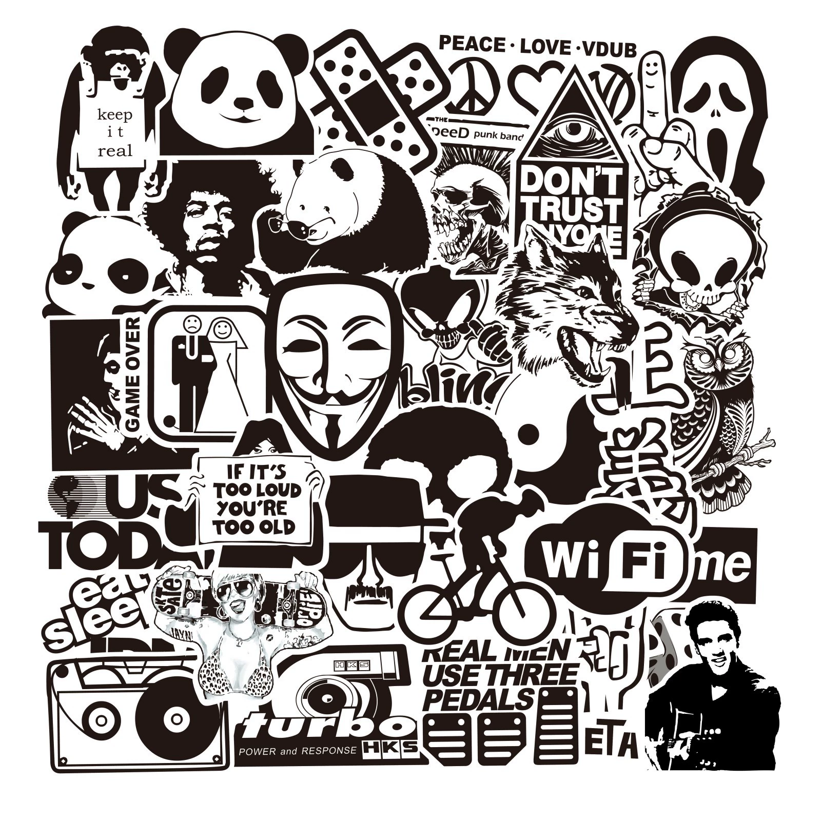 Sticker Set, PVC Printed, Assorted Graffiti Designs, Black & White, 50–100 pcs