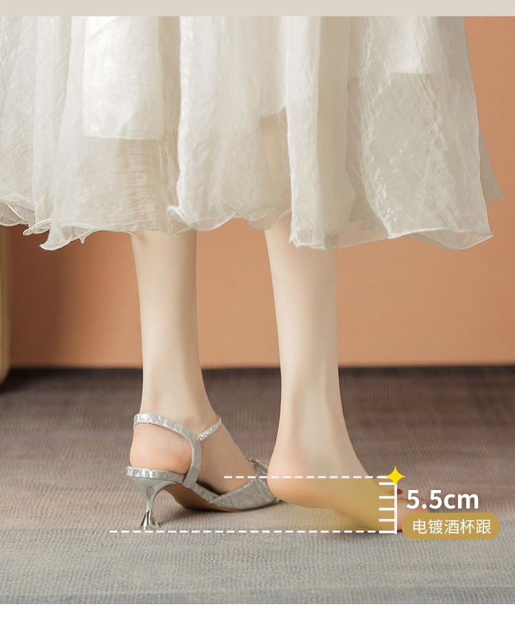Sandal cao gót nữ mũi nhọn bít mũi đính đá phong cách Pháp — Y781 màu bạc chi tiết 6