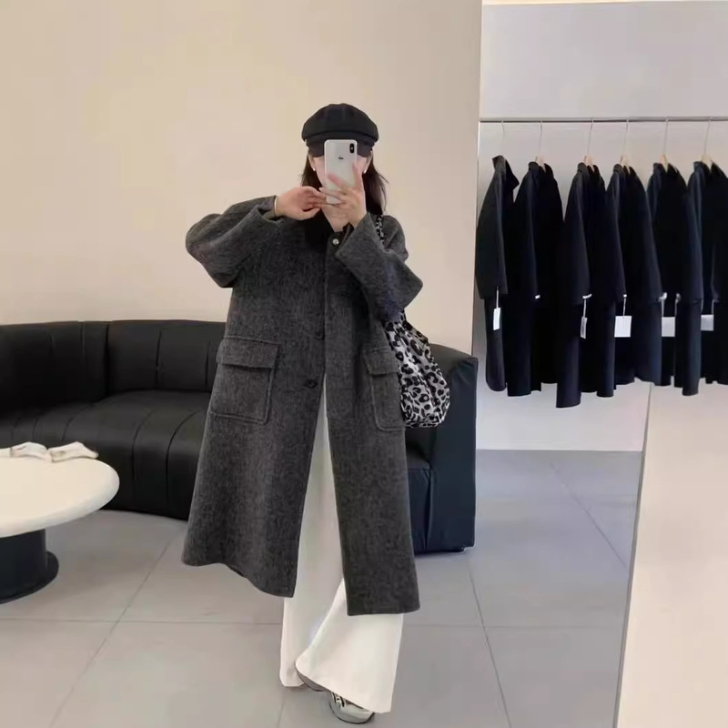 2025 New Style Patchwork Collar Color-Block Herringbone Double-Sided Wool Coat Korean Style Doll Collar Loose Wool Jacket for Women