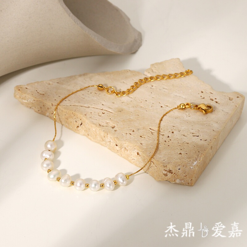 Natural Freshwater Pearl Stainless Steel Bracelet Jewelry Women's Gift Pvd Electroplated 18K Gold Chain Beads