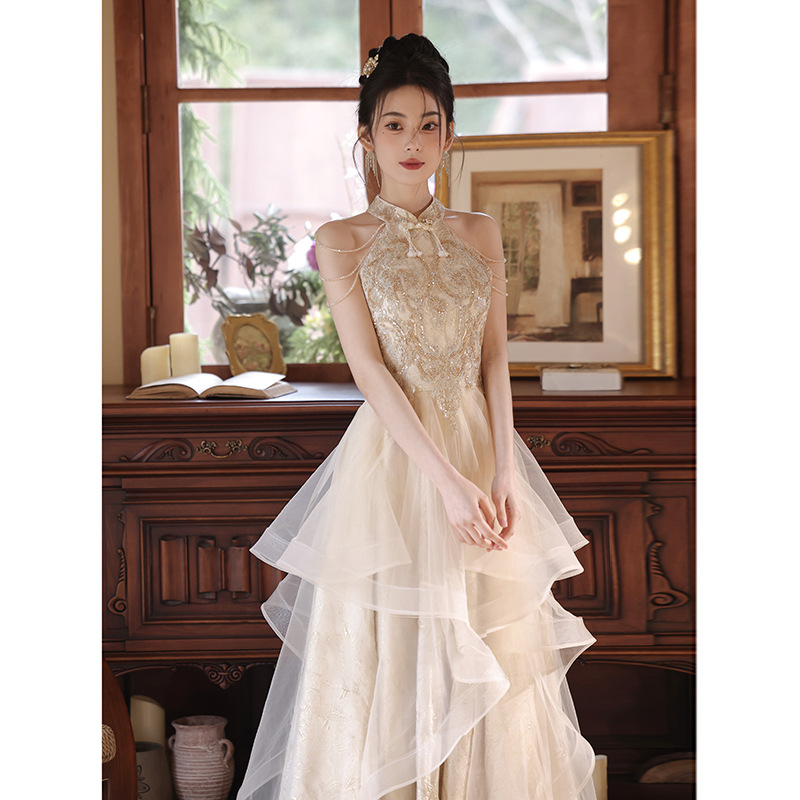 Champagne Color Wedding Toast Dress Bride 2025 New Design Engagement Dress Gown Women Return Home Ceremony Advanced Sense Summer Sleeveless