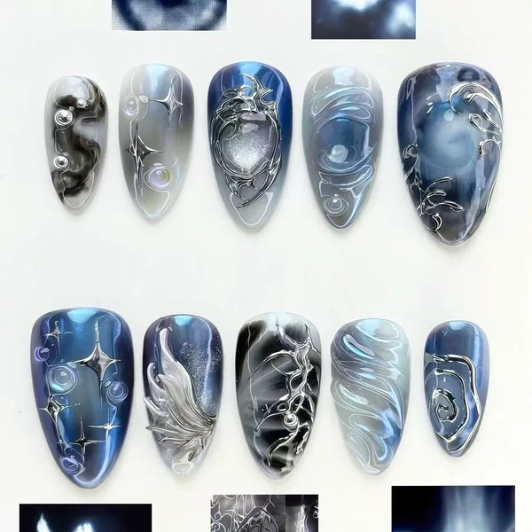 Cool Black-Blue High-End Gold-Plated Chunky Pink Cat Eye Wearable Nails 3D Cross-Border Y2K European and American Gothic Style Nail Stickers