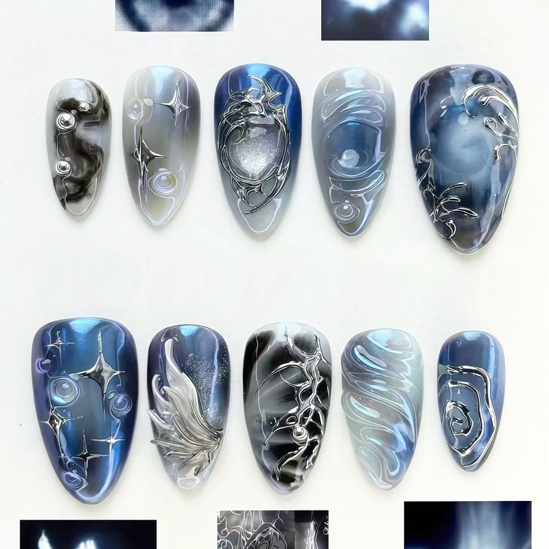 Cool Black-Blue High-End Gold-Plated Chunky Pink Cat Eye Wearable Nails 3D Cross-Border Y2K European and American Gothic Style Nail Stickers