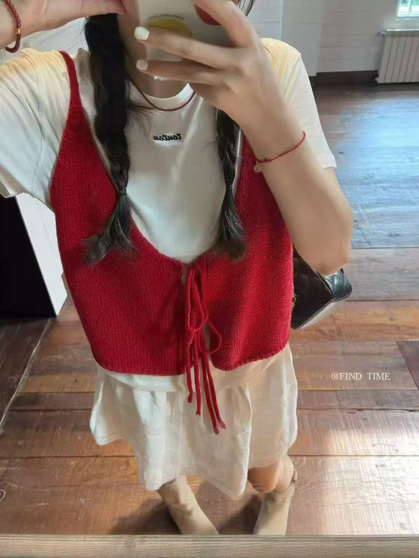 正反两穿韩系双V领绑带针织开衫马甲女2025秋季休闲吊带背心外搭|undefined