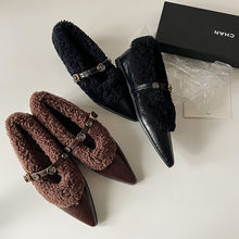 二层牛皮玛丽珍鞋女毛毛单鞋秋冬新款真皮尖头一字扣平跟浅口单鞋