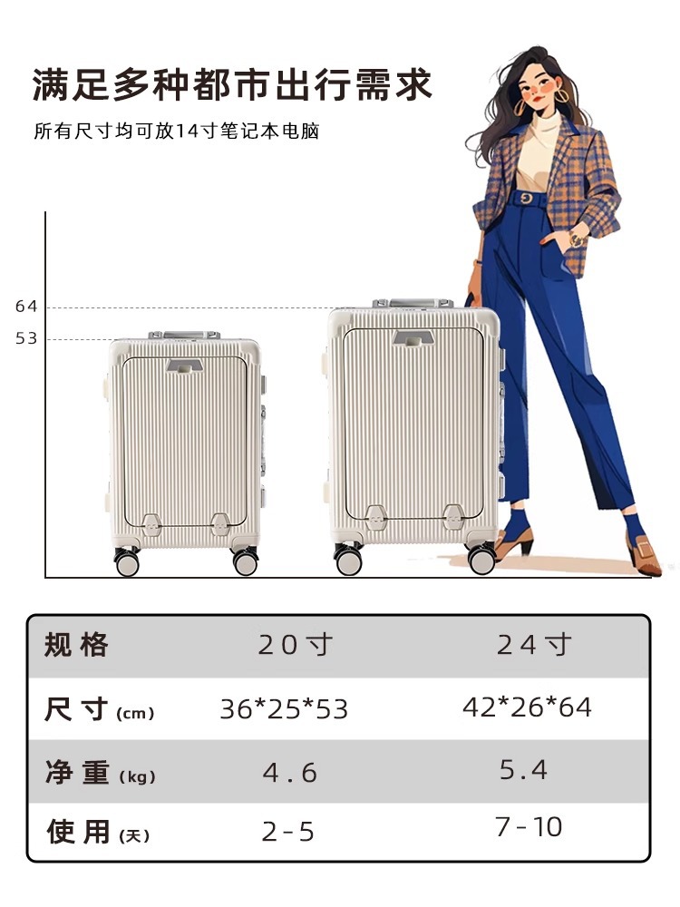 Tronco de apertura frontal, maleta de viaje, marco de aluminio, gran capacidad, multifunción, código ligero, 20 pulgadas, se puede abordar 24 nuevos hombres