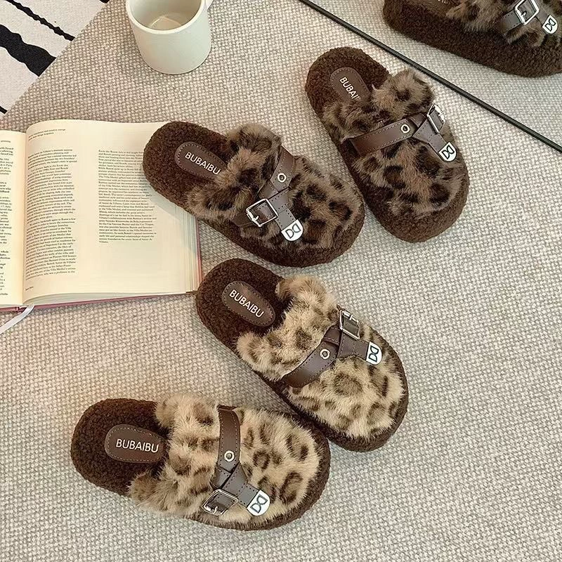 2025年新款秋冬季包头豹纹厚底毛毛拖鞋外穿时尚家居毛绒棉拖鞋女