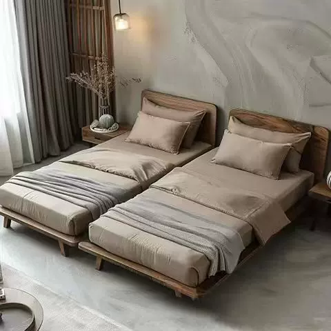 侘寂风实木单人床老榆木民宿酒店实木床公寓复古榻榻米落地双人床