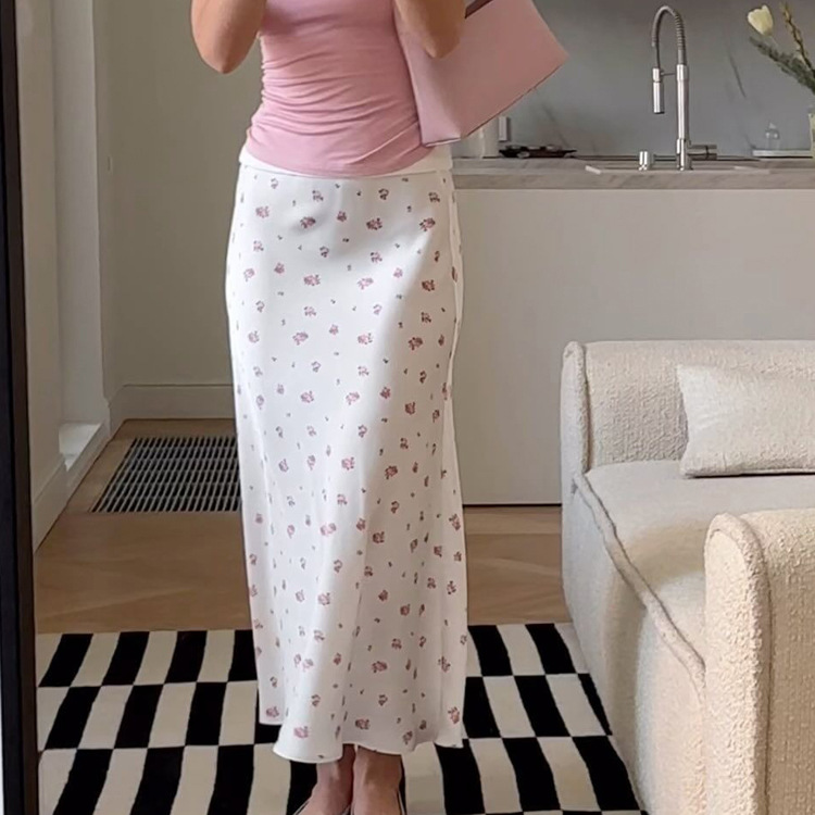 Elegante gonna midi avvolgente in raso con stampa floreale - Gonna lunga aderente a vita alta per donna_voghion.com