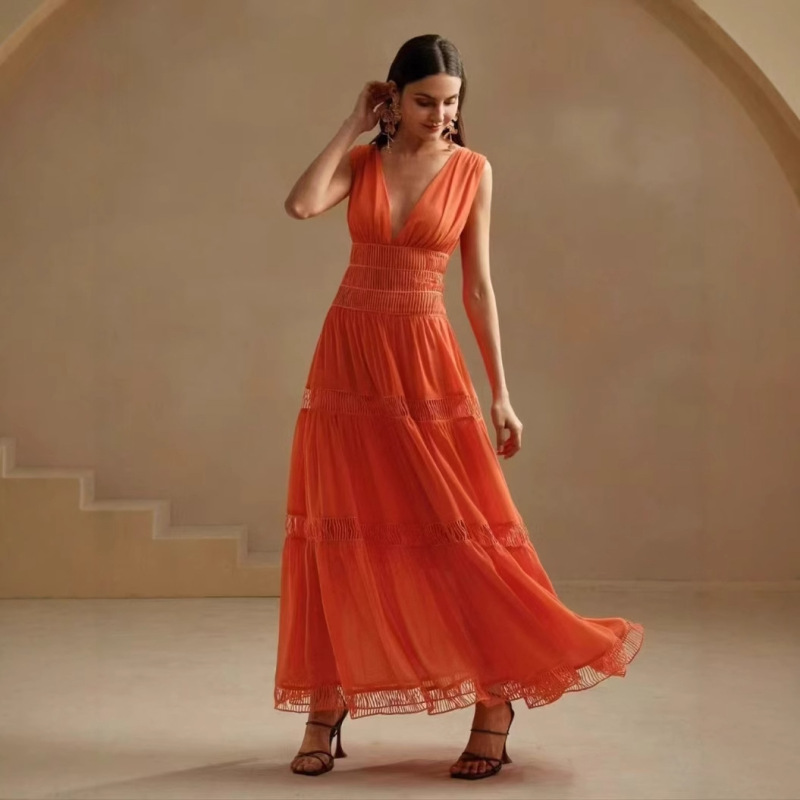 Vest Dress Dress 2025 Summer European and American Banquet Party V Neck Pleated Waist Lace Splicing Elegant Long Skirt Vest Dress Dress 2025 Summer European and American Banquet Party V Neck Pleated Waist Lace Splicing Elegant Long Skirt