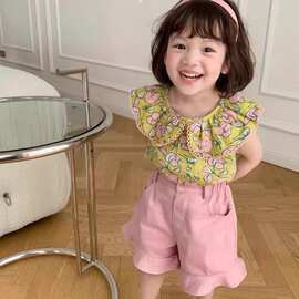 韩国童装女童ins夏装套装2022娃娃领碎花上衣短裤两件套女孩韩版