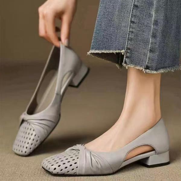 Zapatos de malla transpirables superficiales para mujeres 2026 nuevo verano con falda francesa Marijin tacones bajos suaves un pedaleado