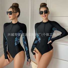 新款连体拉链运动泳衣女长袖冲浪泳衣防晒冲浪服三角 欧美游