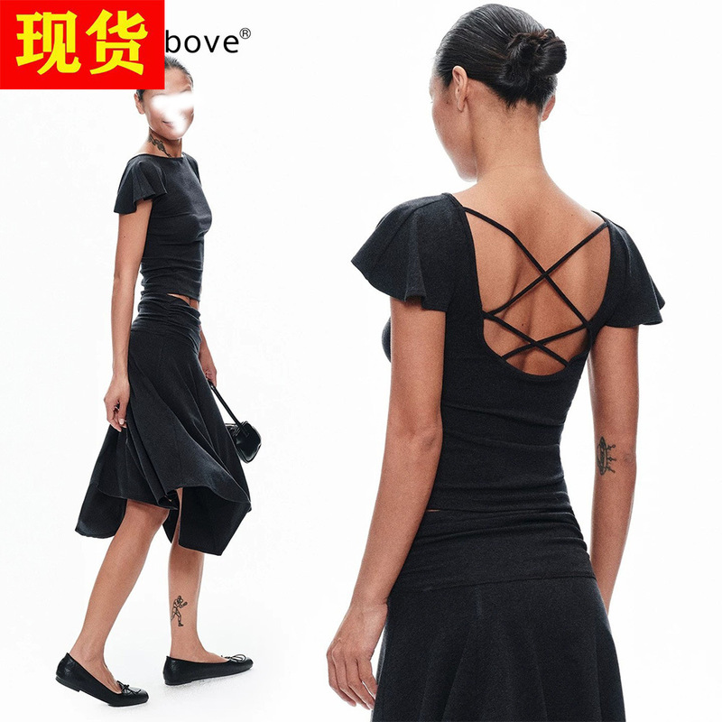 In stock Right Above Tencel Wool Small Flutter Sleeve T-shirt Top with Cross Straps and Open Back Short Sleeve Top for Summer