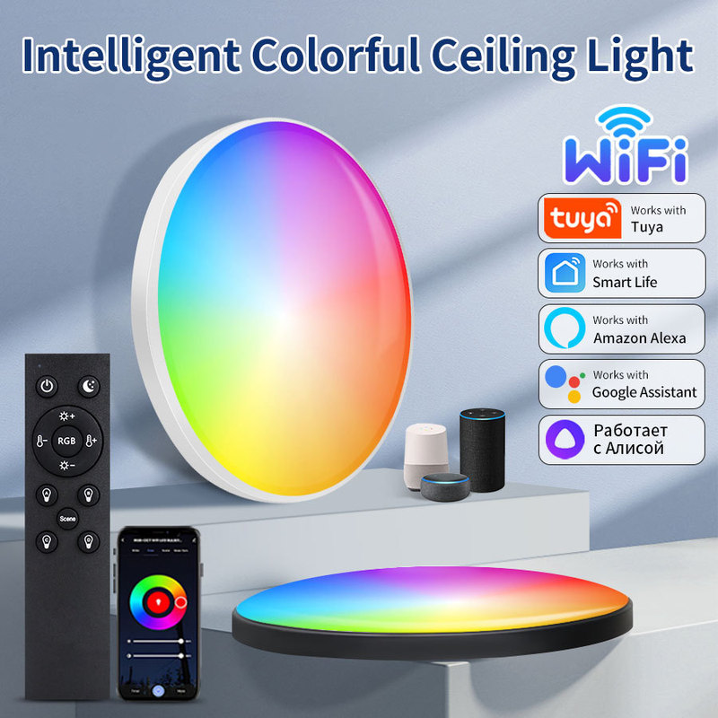 Tuya Wifi Smart Ceiling Light Ultra-Thin Remote Control Alexa Google Bluetooth Rgbcw Colorful Bedroom Light