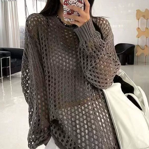 Трикотажная полая Солнцезащитная одежда, Женская тонкая свободная дизайнерская нишевая шикарная уникальная блузка с длинными рукавами и драпировкой