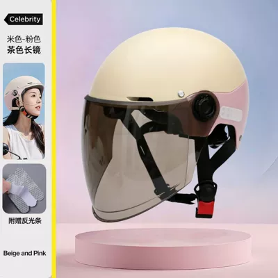 helmet, sun protection, breathable, color-blocked half – Motosiklet kaskı (dəbilqə) - new-national-standard-class-apink-brown-long-mirror-zl-watermark