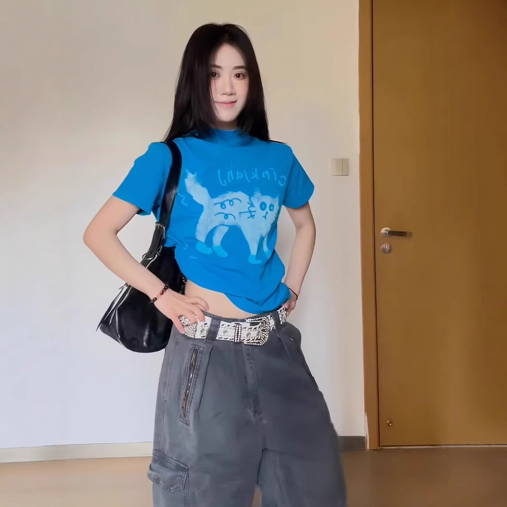 아메리칸 레트로 프라이드 고양이 오른쪽 어깨 반팔 티셔츠 여성 여름 트렌디 캐주얼 스몰 터틀넥 슬림 핫 걸 탑
