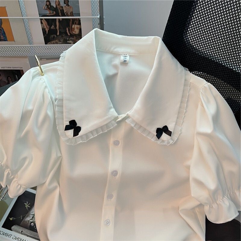 Summer New Sweet Lolita White Shirt with Short Sleeves, Versatile and Cute Doll Collar Top, French Doll Collar Shirt Summer New Sweet Lolita White Shirt with Short Sleeves, Versatile and Cute Doll Collar Top, French Doll Collar Shirt