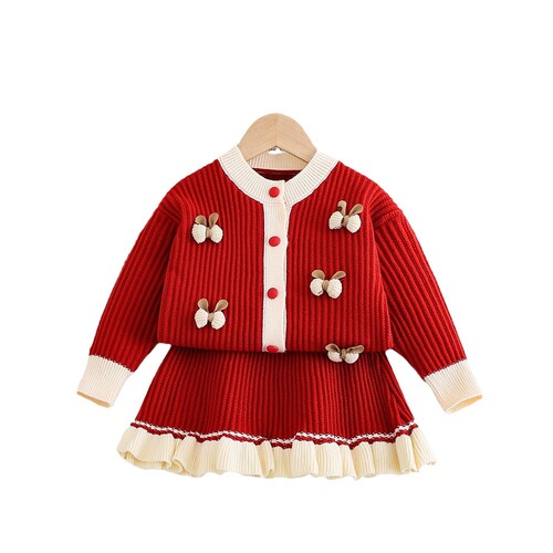 Children's cardigan dress for girls, cute butterfly knot decoration, knitted sweater set, two-piece fish tail dress, knitted set dress