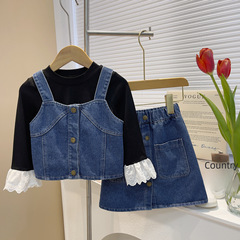 2024 Spring New Korean-style Girls' Denim Set: Long-Sleeve Bottoming Shirt with Lace Trimmed Cuffs + Short Skirt – Baby's 3-Piece Outfit
