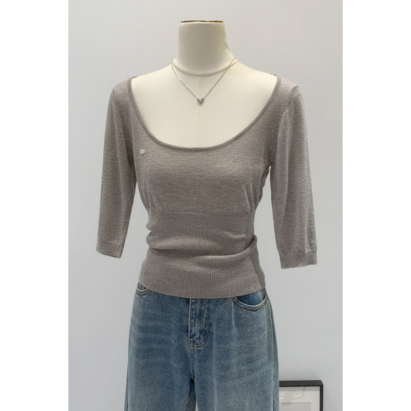 Hot-Selling Special Price Slim-Fit Waist-Cinching Five-Quarter Sleeve Wool Knit T-Shirt for Women, Summer 2026 New Super Popular Age-Reducing Top