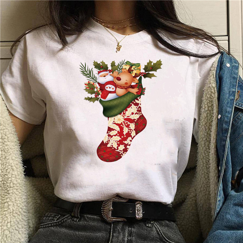 Christmas T shirt christmas ladies cute christmas socks print fashion casual loose top t-shirt
