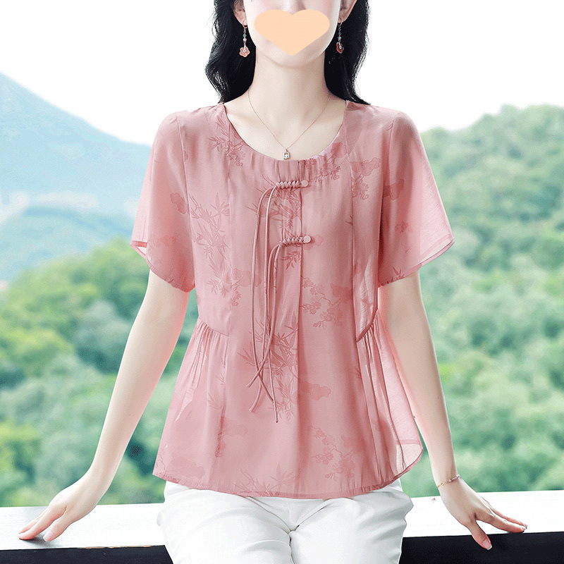夏の新しい綿とリネンの女性用半袖シャツ、中国風のボタン、年齢を軽減する、ゆったりとした大きいサイズのお腹カバーシャツ、マザーズトップ|undefined