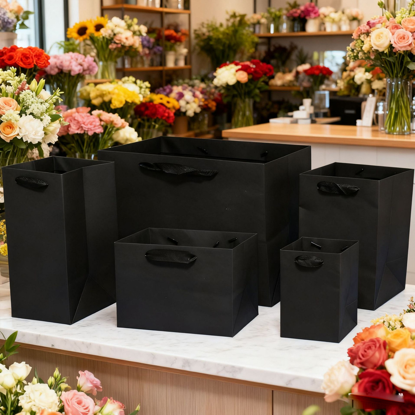 黑色正方形手提袋包装袋纸袋礼品袋永生花鲜花袋多肉植物手提纸袋