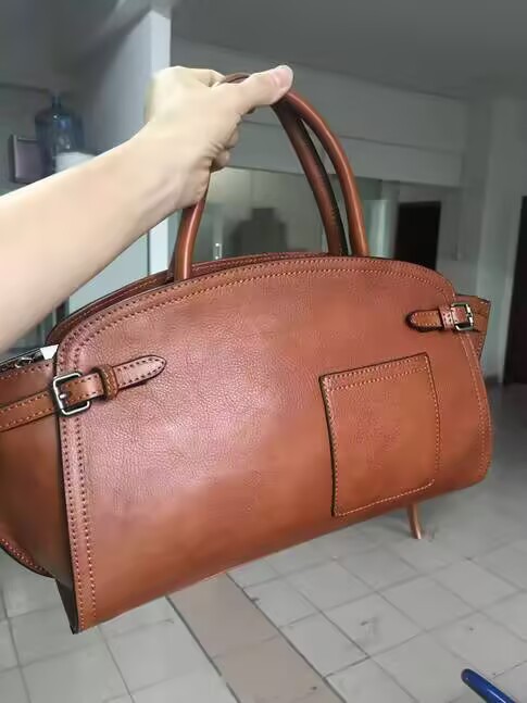 Luxury Genuine Leather Boston Bowling Bag Niche Design Retro Handbag Shoulder Underarm Bag Trendy - Thumbnail 6