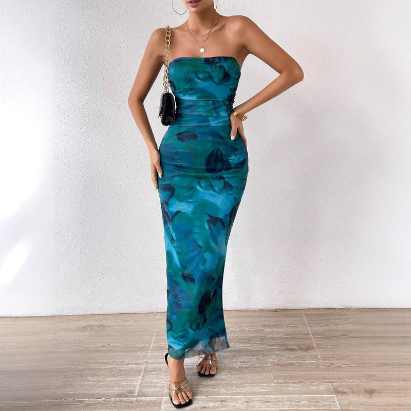 In-Stock Cross-Border 2024 European and American Amazon Mesh Floral Ruffle Sexy Tight Slit Strapless Tube Top Long Dress