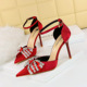 5198-H1 Wind Summer High Heels Women's Shoes Shallow Mouth Pointed Rhinestone Bow Hollow Straight Band Sandals