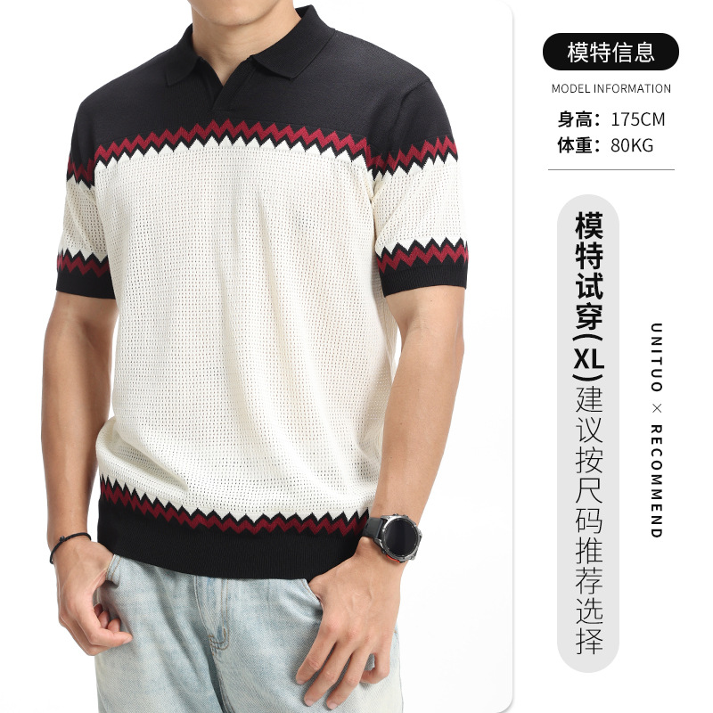 Verano hombre Paul rayas de punto gaviota cuello hielo seda polo camiseta de manga corta hombre casual de alto nivel con solapa ropa de hombre
