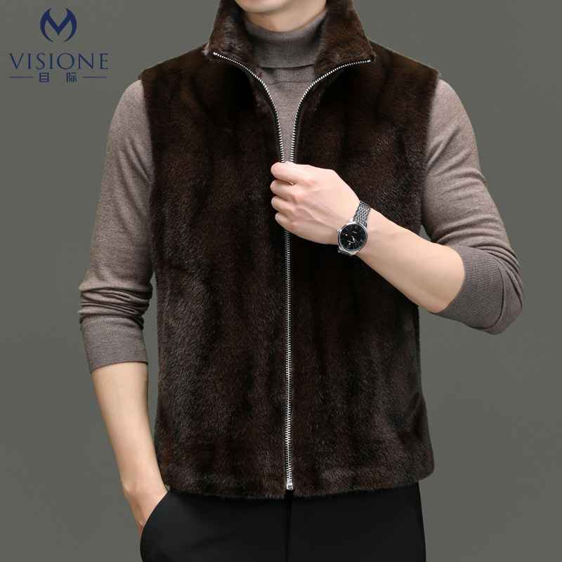New Winter Men's Double-Sided Gold Mink Velvet Warm Vest with Thickened Stand-Up Collar Casual Fur Coat