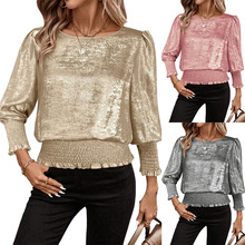 欧美跨境亚马逊TikTok 2026新品圆领烫金下摆松紧套头中袖衬衣T恤