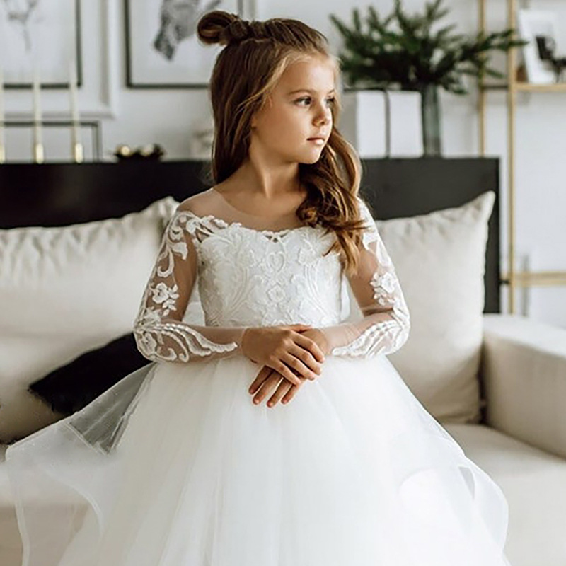 Girls Long Sleeved Lace Train Dress Wedding Performance Birthday Princess Puffy Gown 3-7 Years【Pre-sale | Ships In 15 Days】_voghion.com