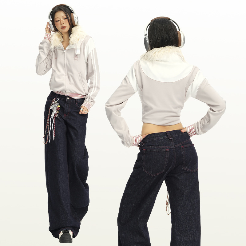 Orange Silk Women's Clothing # American Retro Versatile Red Line Design Narrow Wide-Leg Jeans for Women Low-Waist Loose Straight Pants Orange Silk Women's Clothing # American Retro Versatile Red Line Design Narrow Wide-Leg Jeans for Women Low-Waist Loose Straight Pants