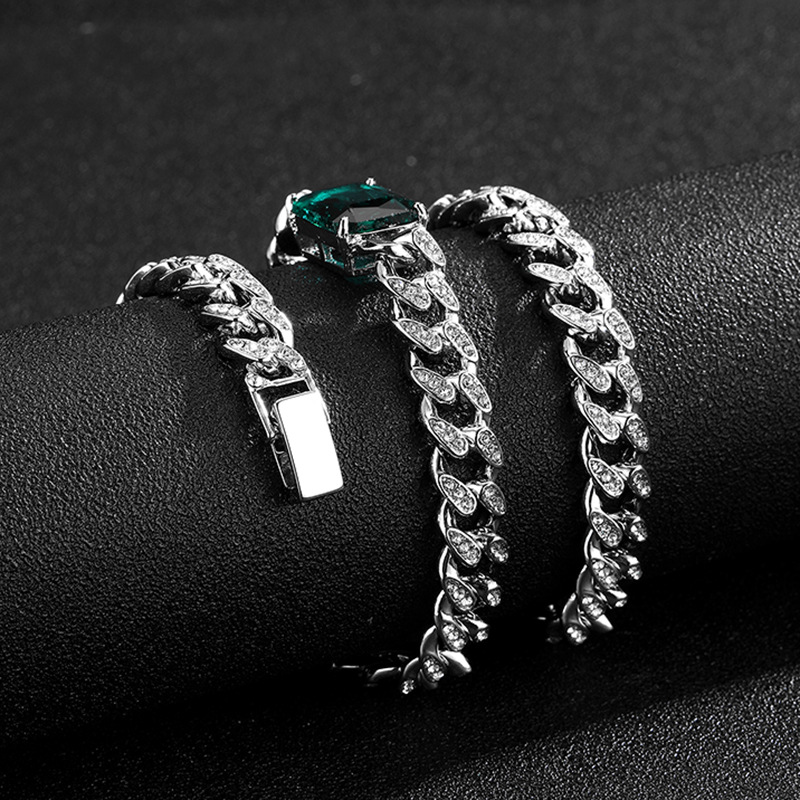 Explosive Full Diamond Emerald 11mm Cuban Chain Men's Personalized Simple Hip Hop Jewelry_voghion.com