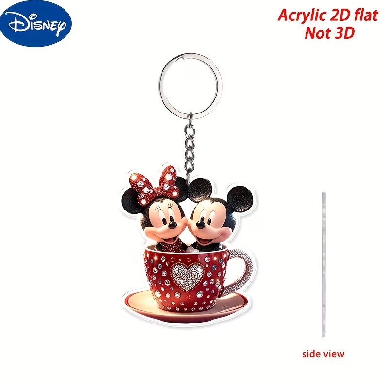 2D Flat Design, Disney Mickey and Minnie Acrylic Keychain, Red Heart Cup Keychain Pendant