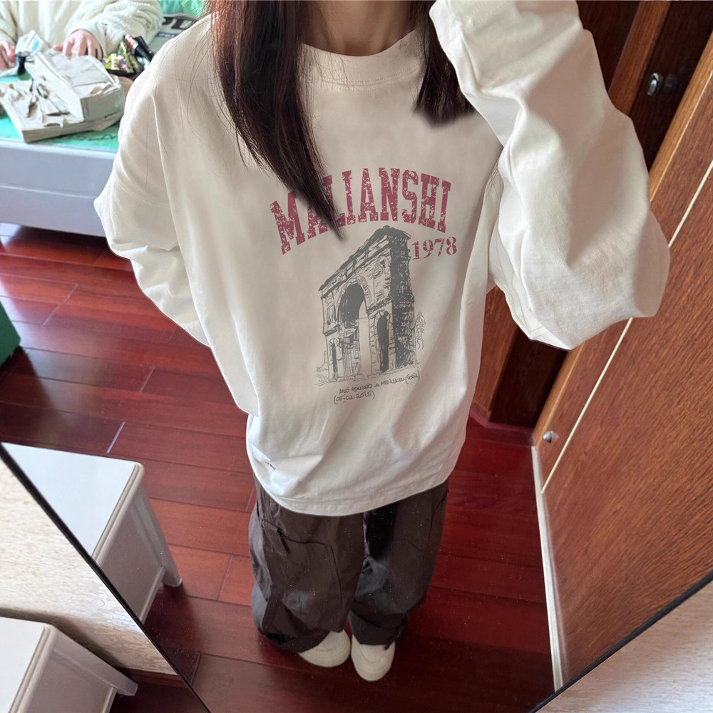 100% Pure Cotton American Retro Hong Kong Style Chic Long-Sleeved T-Shirt for Women New Autumn and Winter Inner Design Loose Top