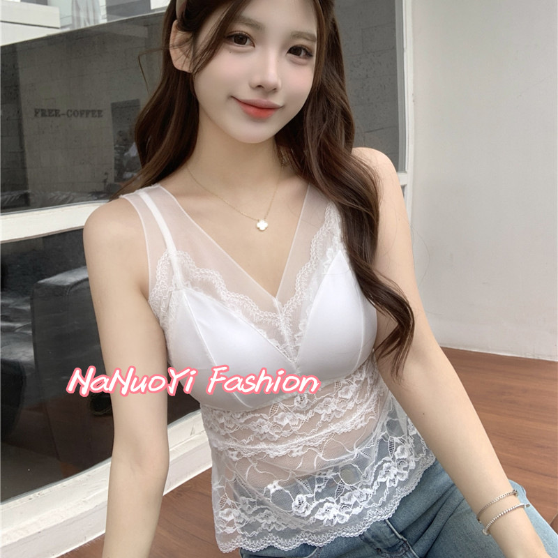 Early Spring New Lace Stitching Satin Camisole Fixed Cup Inner Base Sexy Outer Wear French Beautiful Back for Women