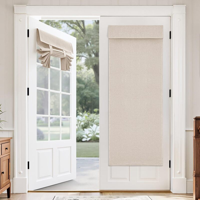 Foreign Trade Cross-Border French-Style Magic Tape No-Punch Linen Door Curtain Insulation Strap Glass Door Full Blackout Curtain Finished Product
