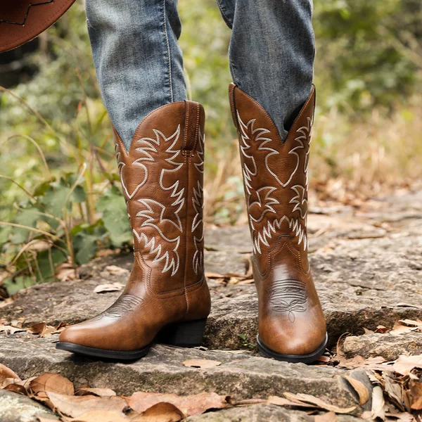 Nansheng Shoes 6080 Embroidered High-Heel Men's Western Cowboy Boots with Wooden Soles, Opp Zipper Bag Packaging