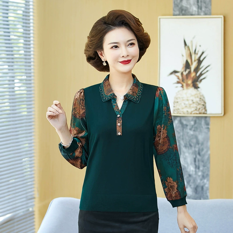 Весенне-осенняя трикотажная футболка с отложным воротником и длинными рукавами для мамы, стильная женская шифоновая блузка среднего возраста, свободный базовый слой для людей среднего и пожилого возраста.