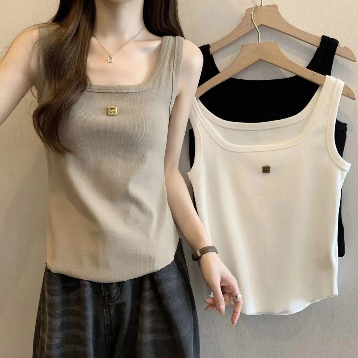 plus size chubby girl Metal Buckle Slim Look All-match Camisole Women's Summer Inner Base Sleeveless Top