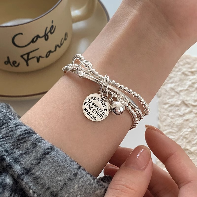 Korean-style Silver Round Brand Elbow Bead Three-layer Bracelet Women's Multi-circle English Handmade Stomp Rope Girlfriend Beaded Bracelet
